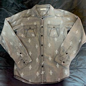 Beans x Bones Men’s Button Down Shirt w/ Pearl snaps on pockets gray Aztec Sz M